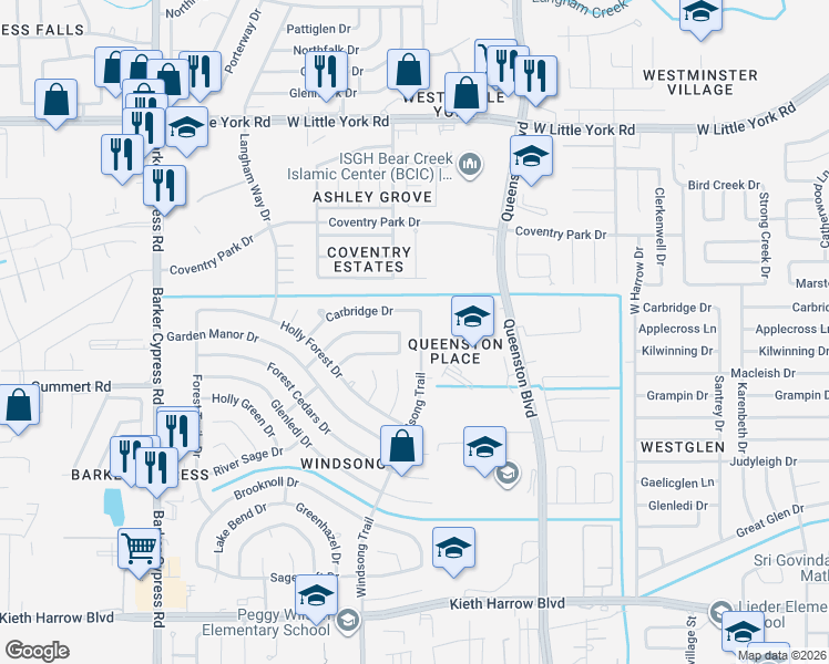 map of restaurants, bars, coffee shops, grocery stores, and more near 5719 Windsong Trail in Houston