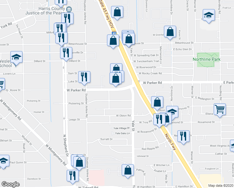 map of restaurants, bars, coffee shops, grocery stores, and more near 449 West Parker Road in Houston