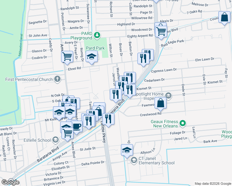 map of restaurants, bars, coffee shops, grocery stores, and more near 2617 Ridgecrest Road in Marrero
