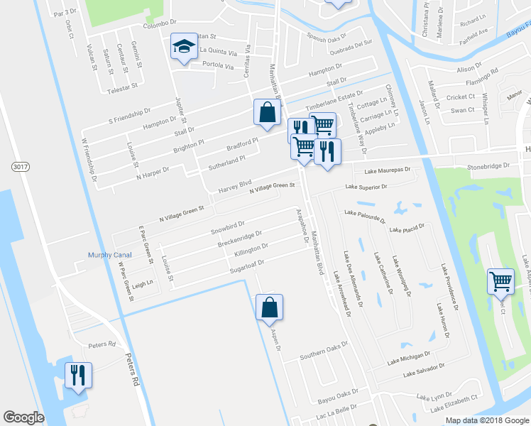 map of restaurants, bars, coffee shops, grocery stores, and more near 2011 Snowbird Drive in Harvey