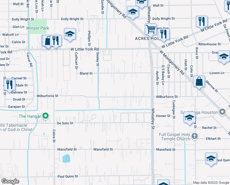map of restaurants, bars, coffee shops, grocery stores, and more near 1618 Wilburforce Street in Houston