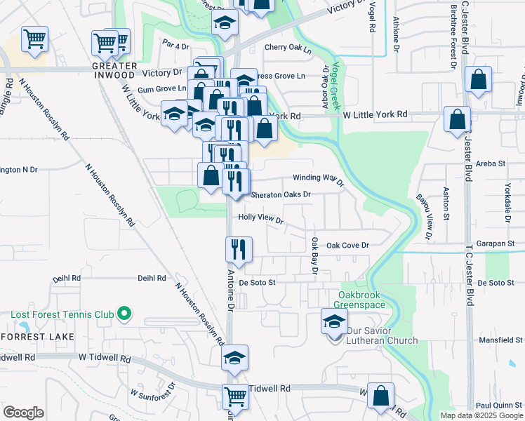 map of restaurants, bars, coffee shops, grocery stores, and more near 5633 Sheraton Oaks Drive in Houston