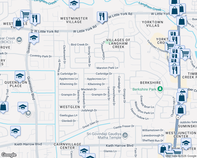 map of restaurants, bars, coffee shops, grocery stores, and more near 16831 Carbridge Drive in Houston