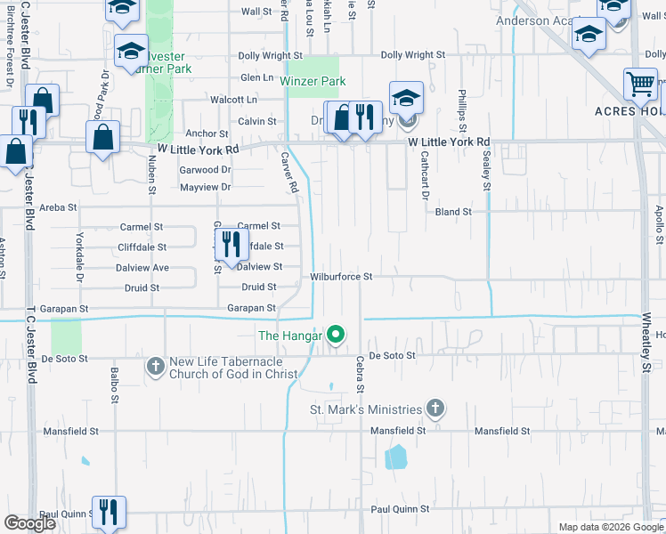 map of restaurants, bars, coffee shops, grocery stores, and more near 1320 Wilburforce Street in Houston