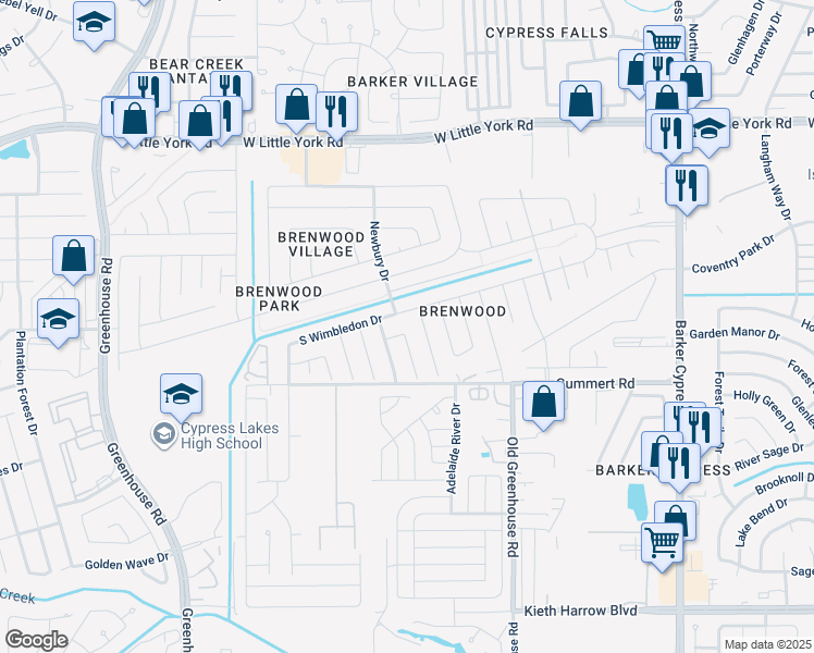 map of restaurants, bars, coffee shops, grocery stores, and more near 6022 Shining Leaf Court in Katy