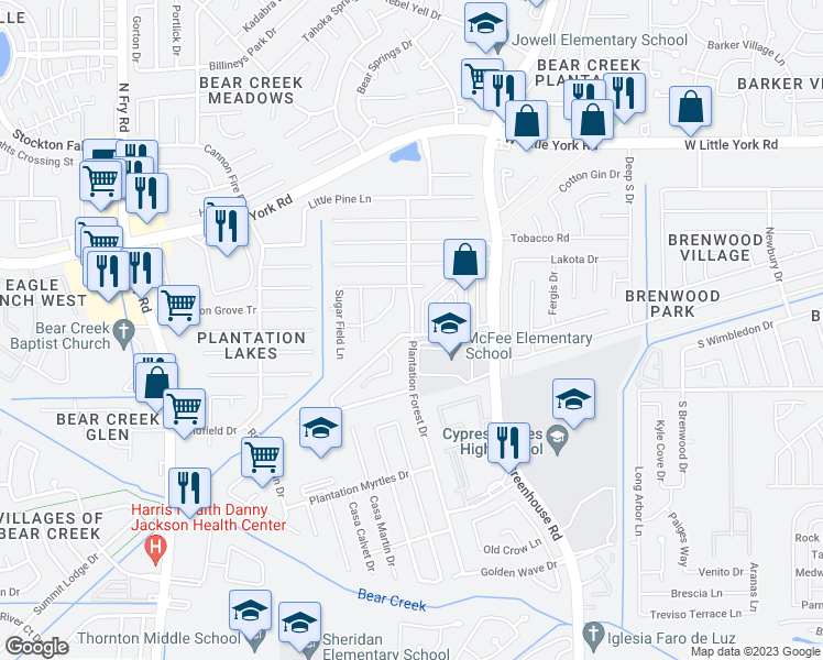 map of restaurants, bars, coffee shops, grocery stores, and more near 5565 Plantation Forest Drive in Katy