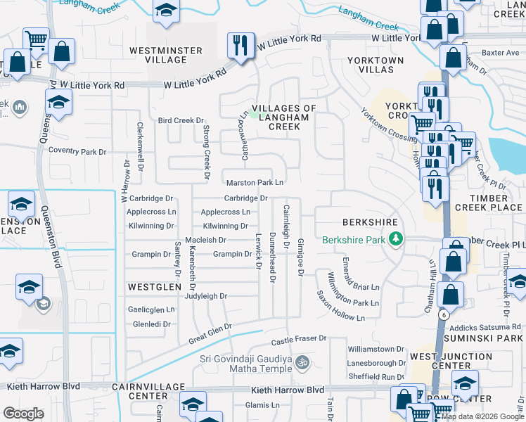 map of restaurants, bars, coffee shops, grocery stores, and more near 5530 Lerwick Drive in Houston