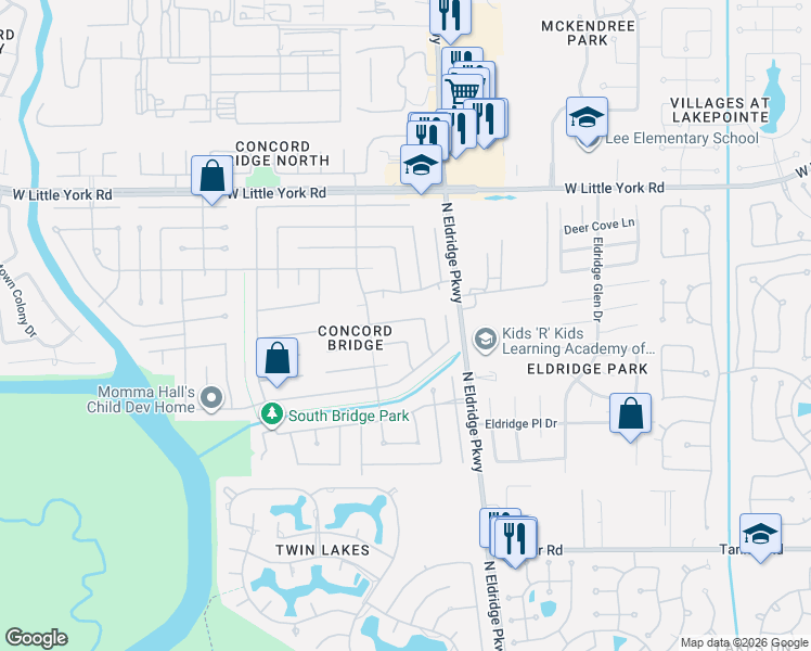 map of restaurants, bars, coffee shops, grocery stores, and more near 13310 Klamath Falls Drive in Houston