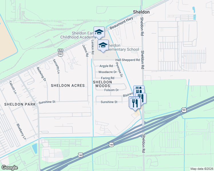 map of restaurants, bars, coffee shops, grocery stores, and more near 17018 Faring Road in Houston