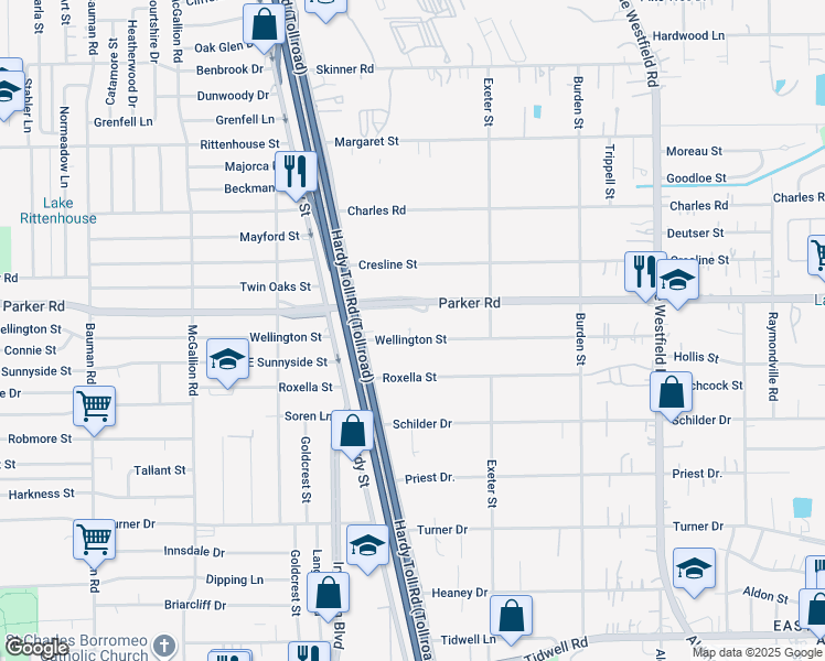 map of restaurants, bars, coffee shops, grocery stores, and more near 1614 Parker Road in Houston