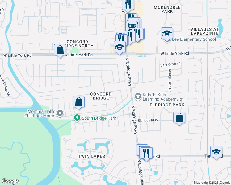 map of restaurants, bars, coffee shops, grocery stores, and more near 13310 Klamath Falls Drive in Houston