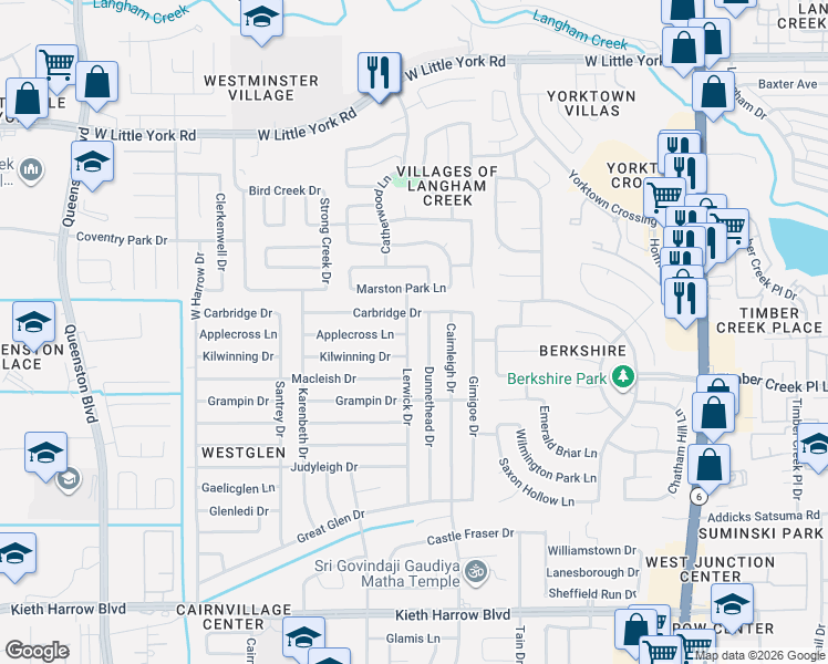 map of restaurants, bars, coffee shops, grocery stores, and more near 5530 Lerwick Drive in Houston