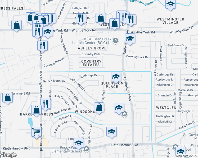 map of restaurants, bars, coffee shops, grocery stores, and more near 18030 Carbridge Drive in Houston