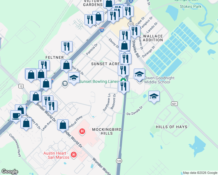 map of restaurants, bars, coffee shops, grocery stores, and more near 500 Parker Drive in San Marcos