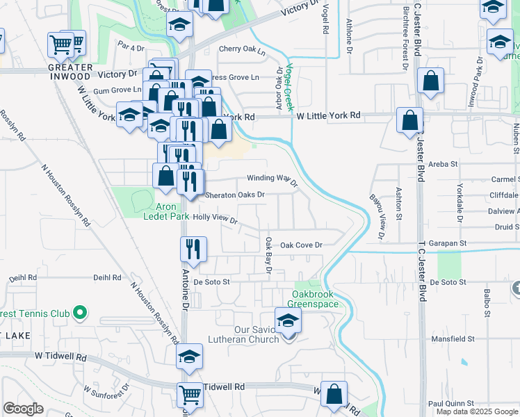 map of restaurants, bars, coffee shops, grocery stores, and more near 5550 Holly View Drive in Houston