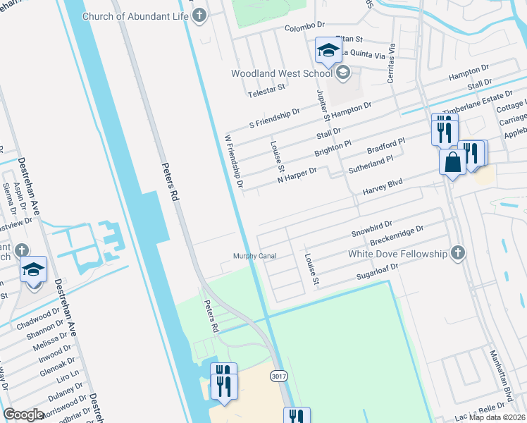map of restaurants, bars, coffee shops, grocery stores, and more near 2824 Atticus Street in Harvey
