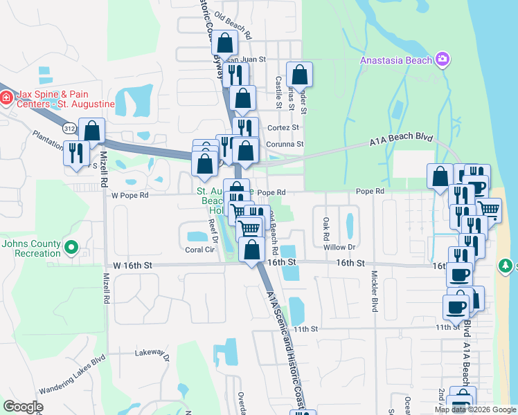 map of restaurants, bars, coffee shops, grocery stores, and more near 1005 Pope Road in St. Augustine Beach