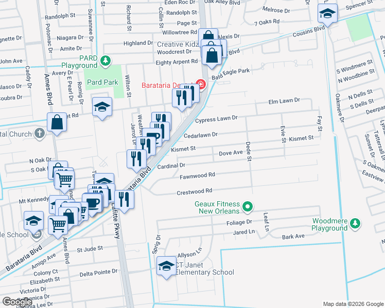 map of restaurants, bars, coffee shops, grocery stores, and more near 2507 Kismet Street in Marrero