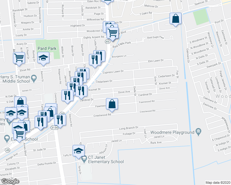 map of restaurants, bars, coffee shops, grocery stores, and more near 2705 Dove Avenue in Marrero