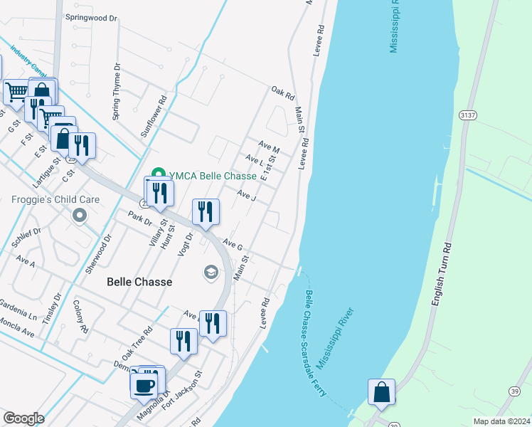 map of restaurants, bars, coffee shops, grocery stores, and more near 406 East 1st Street in Belle Chasse