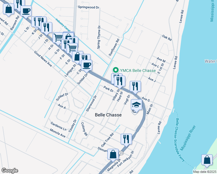 map of restaurants, bars, coffee shops, grocery stores, and more near 8088 Louisiana 23 in Belle Chasse