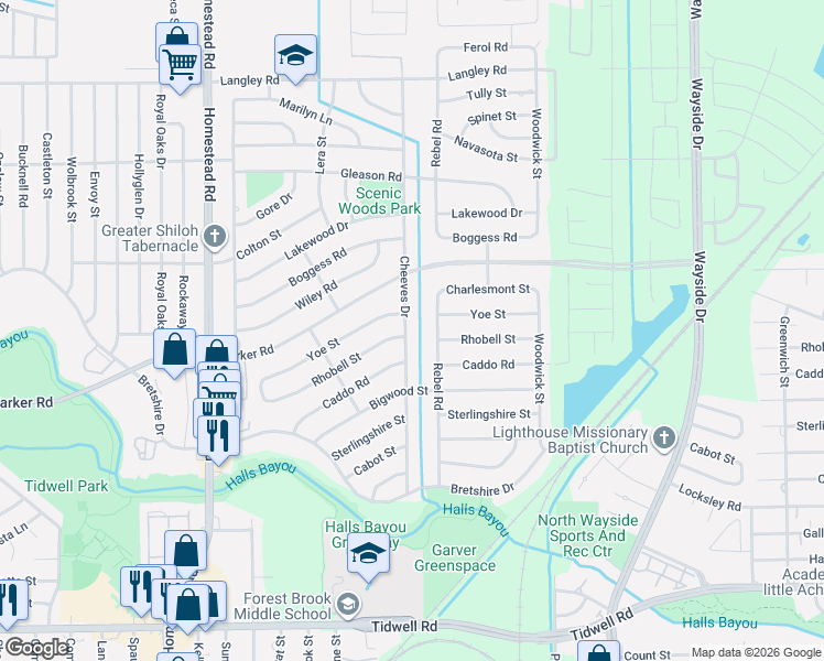 map of restaurants, bars, coffee shops, grocery stores, and more near 10117 Rebel Road in Houston
