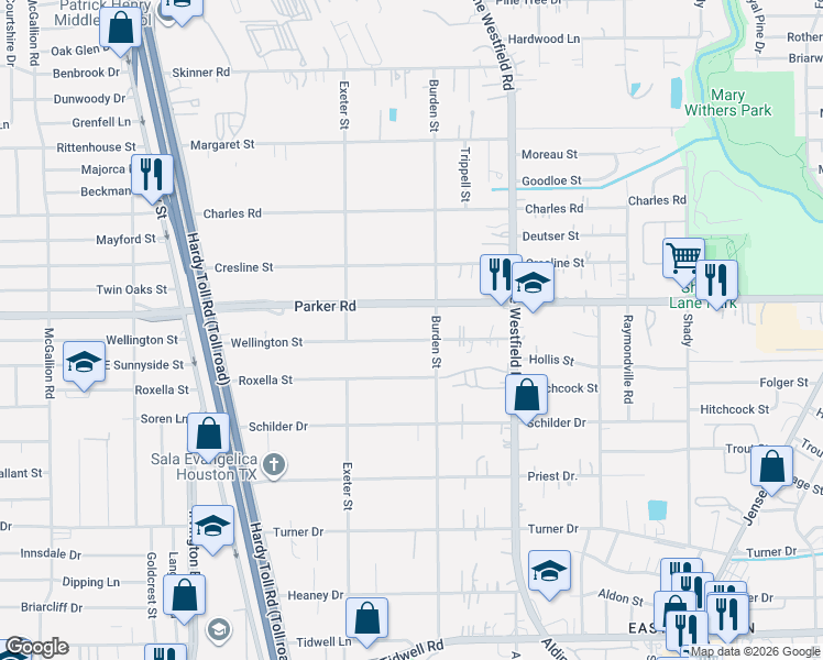 map of restaurants, bars, coffee shops, grocery stores, and more near 2028 Parker Road in Houston