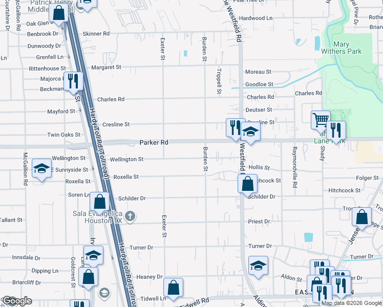 map of restaurants, bars, coffee shops, grocery stores, and more near 2028 Parker Road in Houston