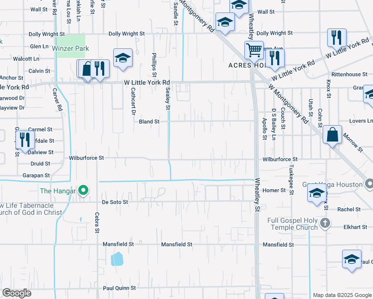 map of restaurants, bars, coffee shops, grocery stores, and more near 1618 Wilburforce Street in Houston