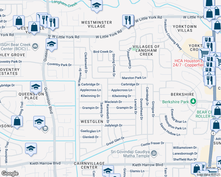 map of restaurants, bars, coffee shops, grocery stores, and more near 16919 Carbridge Drive in Houston