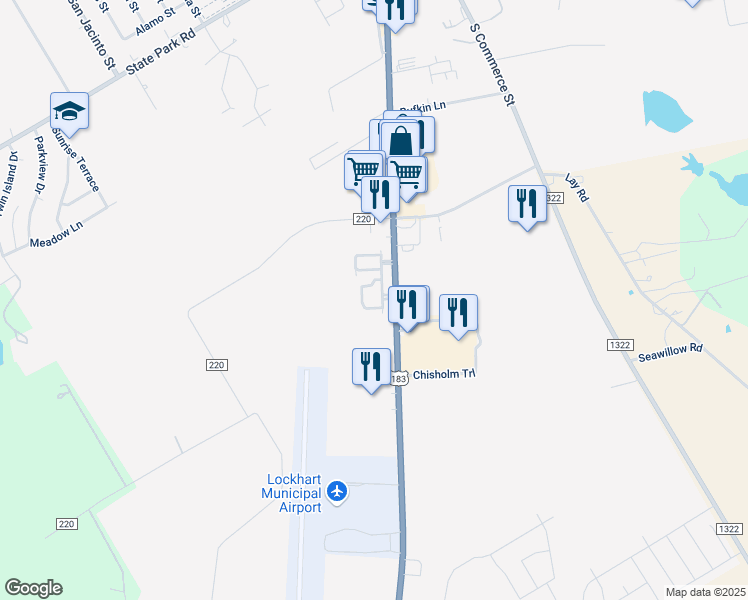 map of restaurants, bars, coffee shops, grocery stores, and more near 1817 South Colorado Street in Lockhart