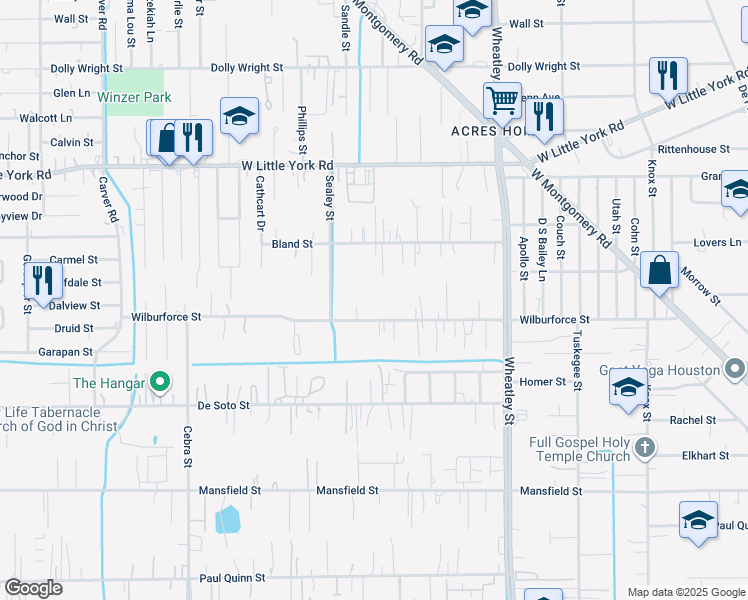 map of restaurants, bars, coffee shops, grocery stores, and more near 1618 Wilburforce Street in Houston
