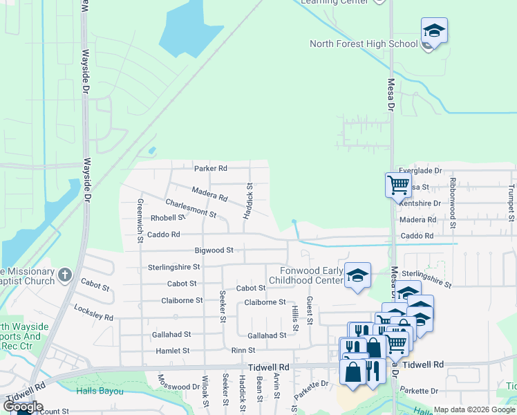 map of restaurants, bars, coffee shops, grocery stores, and more near 8409 Madera Road in Houston
