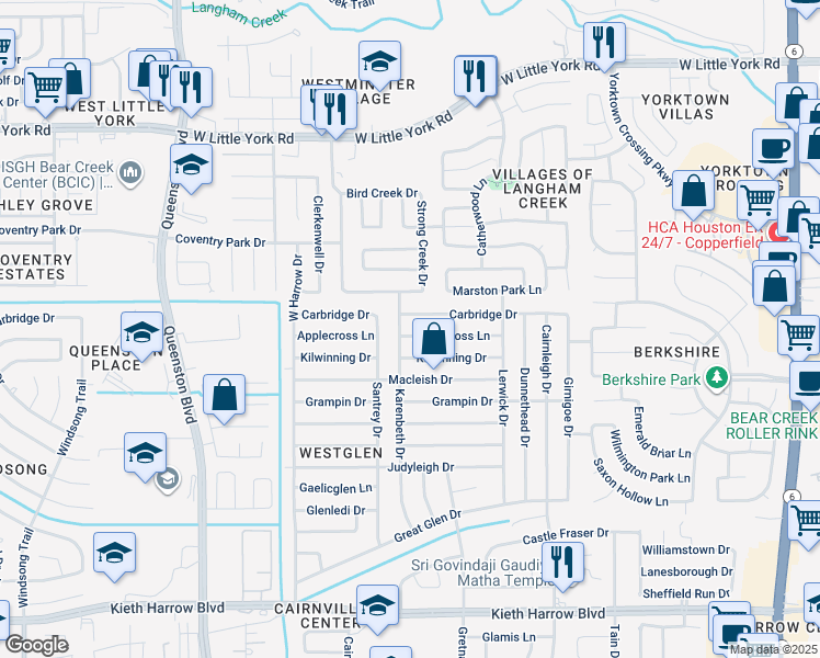 map of restaurants, bars, coffee shops, grocery stores, and more near 16919 Carbridge Drive in Houston