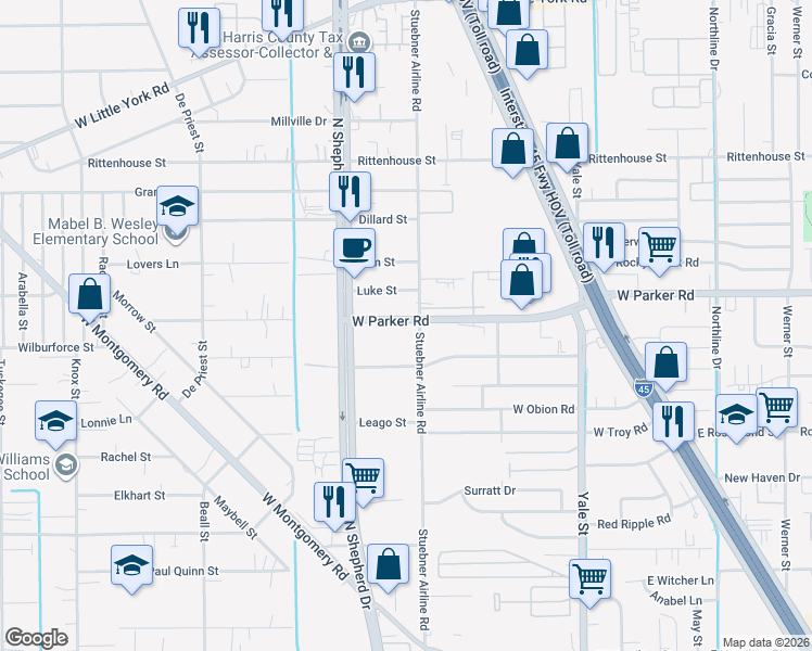 map of restaurants, bars, coffee shops, grocery stores, and more near 618 West Parker Road in Houston