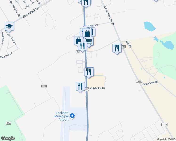 map of restaurants, bars, coffee shops, grocery stores, and more near 1830 U.S. 183 in Lockhart