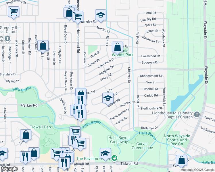 map of restaurants, bars, coffee shops, grocery stores, and more near 7305 Parker Road in Houston