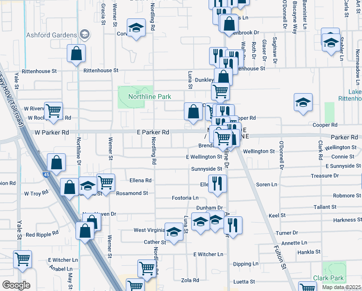 map of restaurants, bars, coffee shops, grocery stores, and more near in Houston