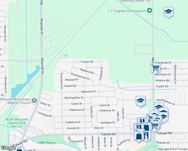 map of restaurants, bars, coffee shops, grocery stores, and more near 8321 Madera Road in Houston