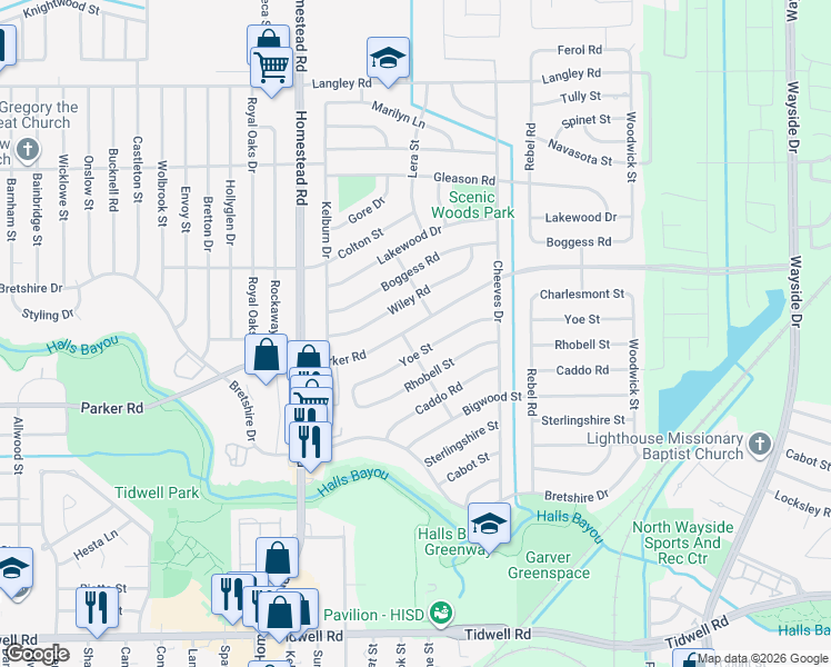 map of restaurants, bars, coffee shops, grocery stores, and more near 7305 Parker Road in Houston