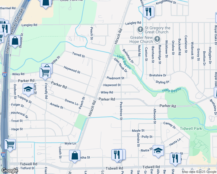 map of restaurants, bars, coffee shops, grocery stores, and more near 10302 Hirsch Road in Houston