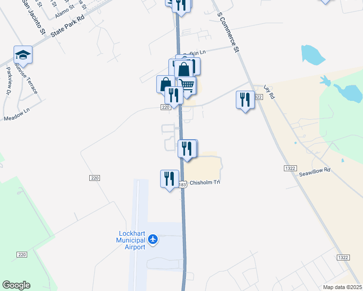 map of restaurants, bars, coffee shops, grocery stores, and more near 1830 U.S. 183 in Lockhart