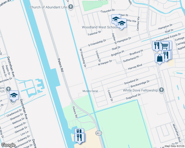 map of restaurants, bars, coffee shops, grocery stores, and more near 2824 Atticus Street in Harvey