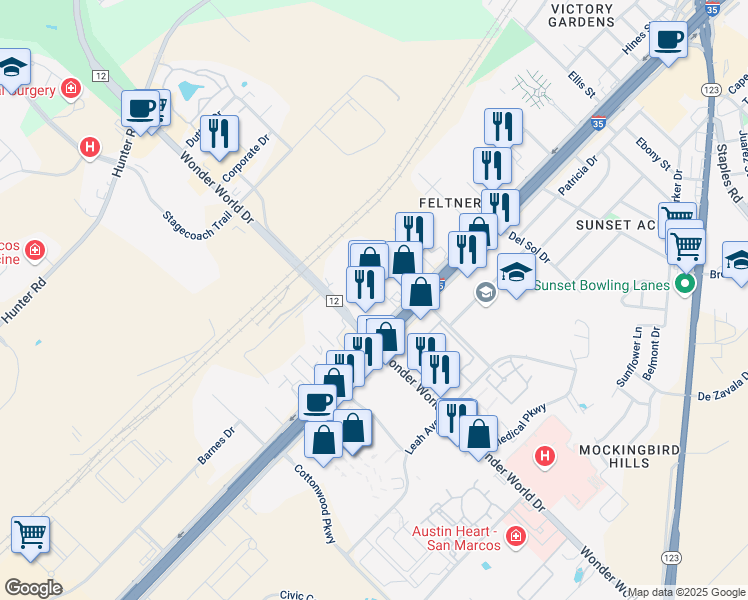 map of restaurants, bars, coffee shops, grocery stores, and more near 107 Texas Avenue in San Marcos