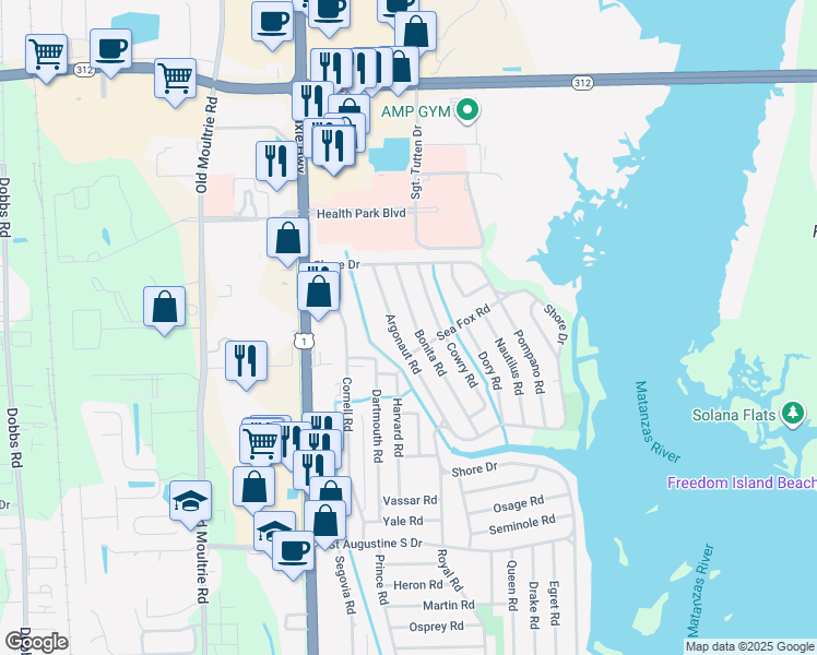map of restaurants, bars, coffee shops, grocery stores, and more near 140 Bonita Road in St. Augustine