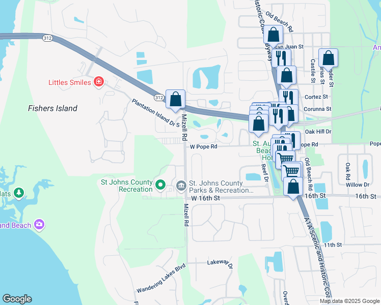 map of restaurants, bars, coffee shops, grocery stores, and more near 268 Ocean Cay Boulevard in St. Augustine