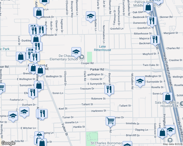 map of restaurants, bars, coffee shops, grocery stores, and more near 238 Parker Road in Houston