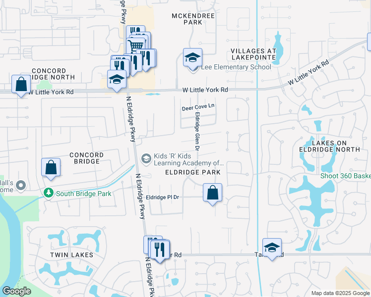 map of restaurants, bars, coffee shops, grocery stores, and more near 12911 Fern Mill Court in Houston