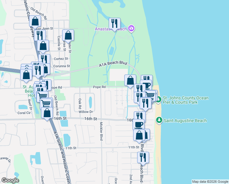 map of restaurants, bars, coffee shops, grocery stores, and more near 503 Pope Road in St. Augustine