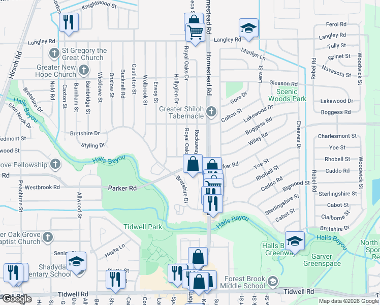 map of restaurants, bars, coffee shops, grocery stores, and more near 10129 Royal Oaks Drive in Houston